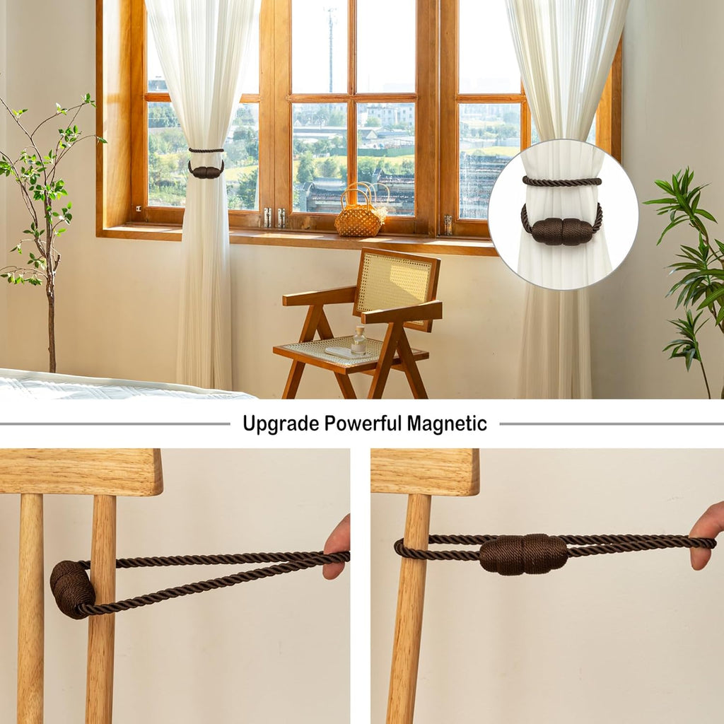 Magnetic Curtain Tiebacks Rope Tie Backs 4 Pack Decorative Window Holdbacks, Coffee