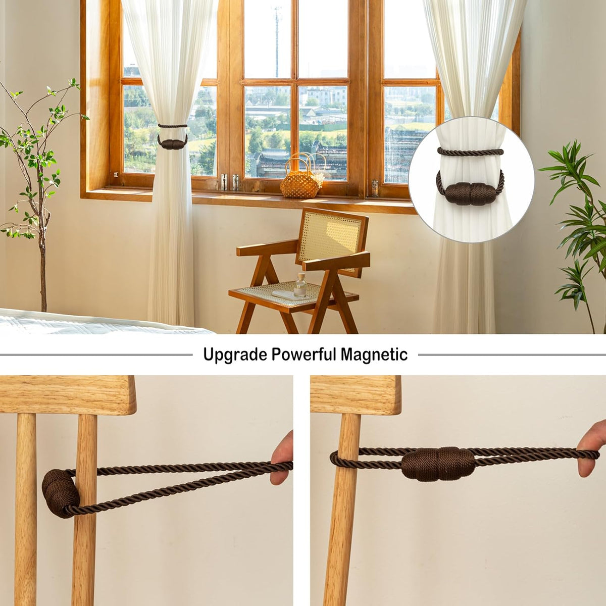 Magnetic Curtain Tiebacks Rope Curtain Tie Backs for Curtains 6 Pack Curtain Holders for Drapes Decorative Window Curtain Holdbacks, Coffee