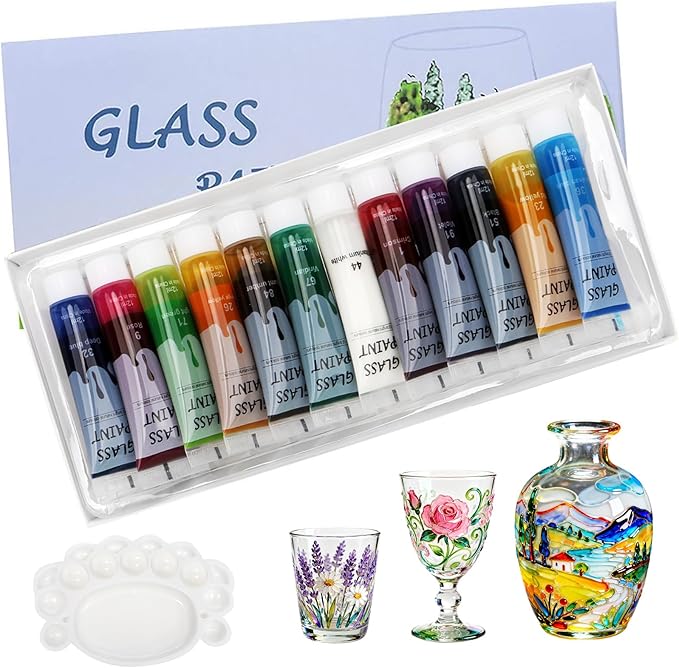 Magicdo Glass Paint Stained Transparent Glass Window Paint Set Great for Glass Painting, Wine Glasses, Light Bulbs, Ceramic, Non-Toxic, Waterproof, Halloween Art Decor(12 Colors x 12ml with Palette)
