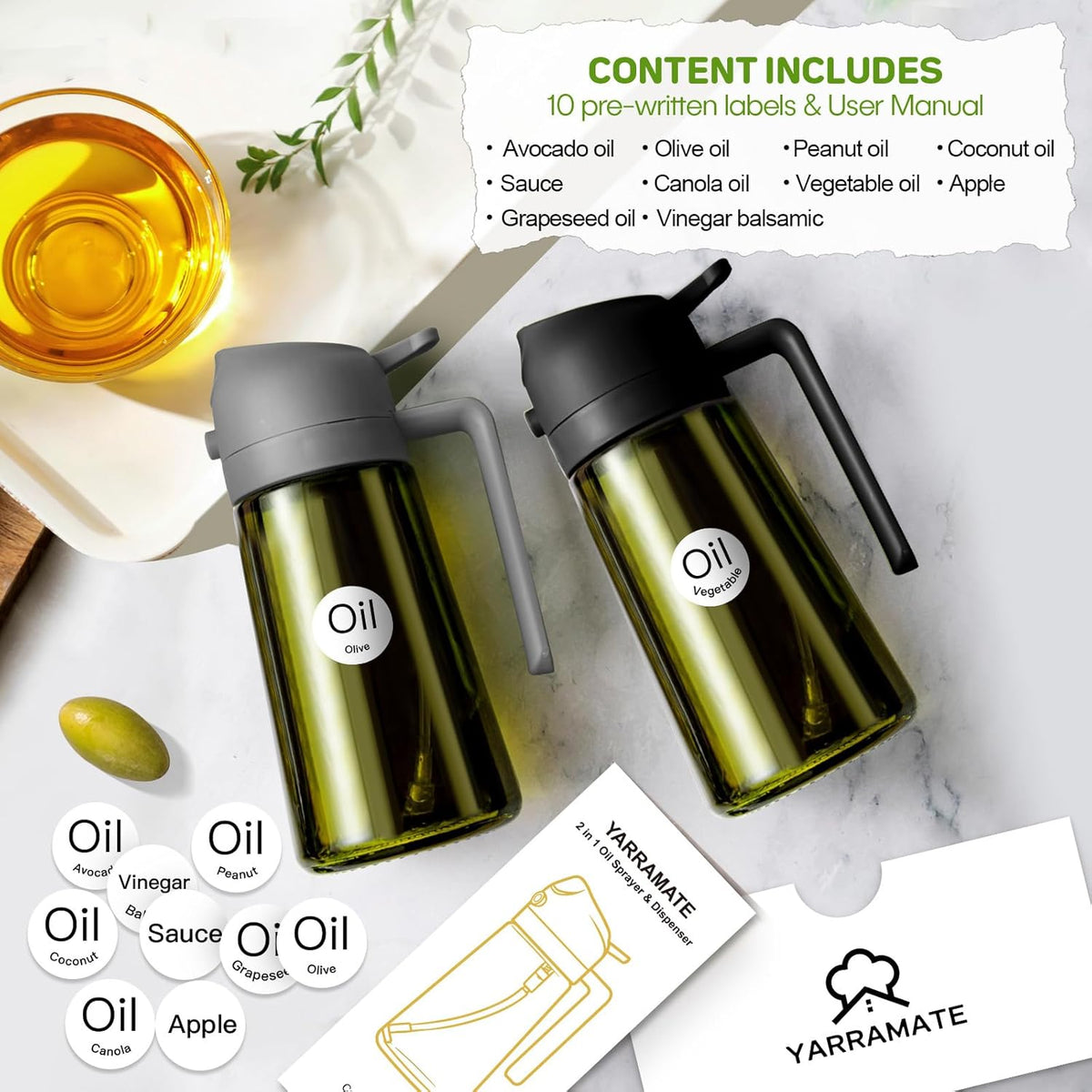 YARRAMATE 16oz/470ml Dark Green Oil Sprayer for Cooking with Stickers, Food-grade Premium 2 in 1 Olive Oil Dispenser Bottle for Kitchen Gadgets, Air Fryer, Salad, Frying, BBQ (Grey)