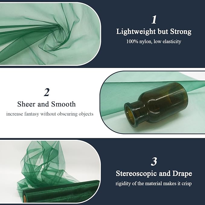 Organza Tulle Fabric Rolls, Crystal Organza 12" by 50 Yards (150 ft) Sheer Nylon Silky Shiny Netting Spool Bolt for DIY Craft Table Runner Wedding Baby Shower Party Decor (Hunter Green)