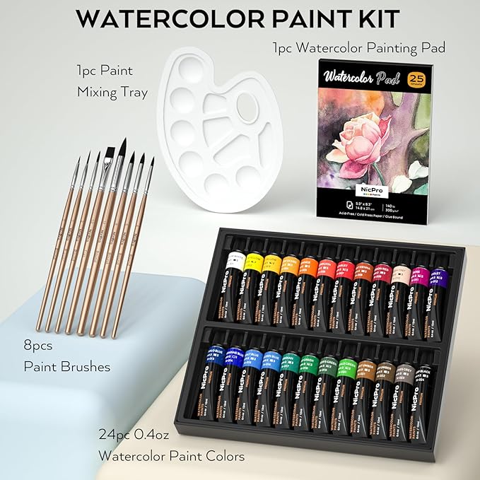 Nicpro 60 PCS Watercolor Paint Set for Adults, Beginner & Artists, 24 Tubes Water Color Paint Kit with 25 Watercolor Paper, 8 Squirrel Paint Brushes, Palettes, Color Wheel, Art Painting Supplies