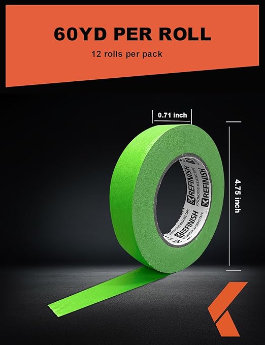 Painters Tape for Car - Green No Residue Automotive Masking Tape - Heat Resistant for Paint Booth, 0.7 Inches X 60 Yards, 12 Rolls