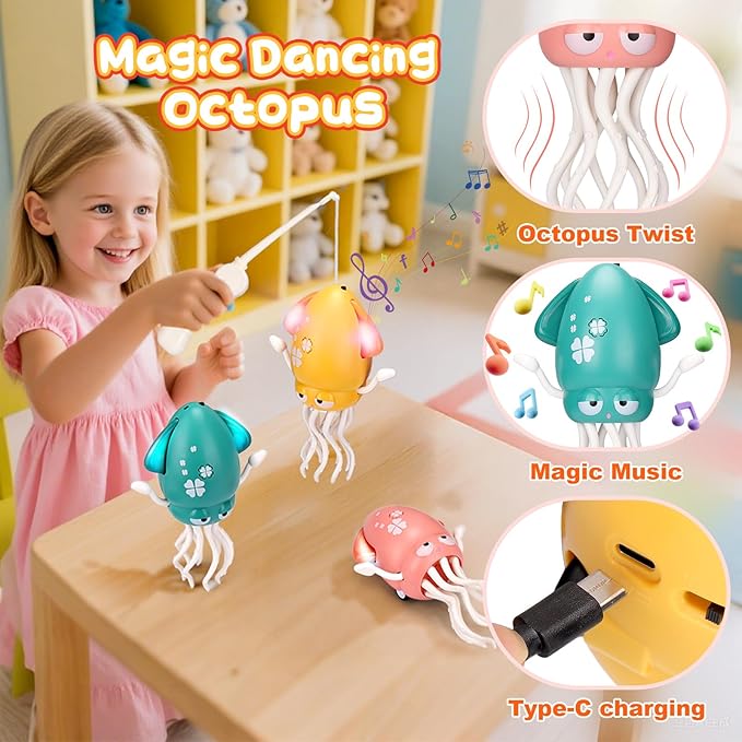 Magic Electric Dancing Octopus Toy with Led Light and Music,Playful Automatic Evasion Crawling Dancing Octopus with Fishing Rod,Smart Tentacle Explorer Dancing Squid Toy Tummy Time Baby Toys,Green