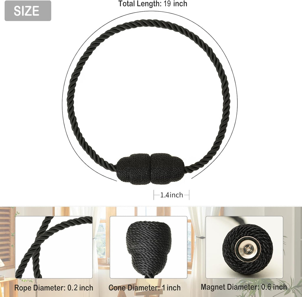 Magnetic Curtain Tiebacks Rope Curtain Tie Backs for Curtains 8 Pack Curtain Holders for Drapes Decorative Window Curtain Holdbacks, Black