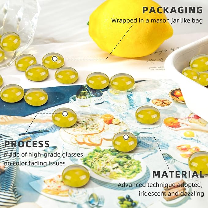 FUTUREPLUSX 1LB Yellow Glass Marbles, Flat Marbles Glass Beads Vase Fillers Decorative Rocks Gold Gemstones for Centerpieces Aquarium Table Scatter Home Decor
