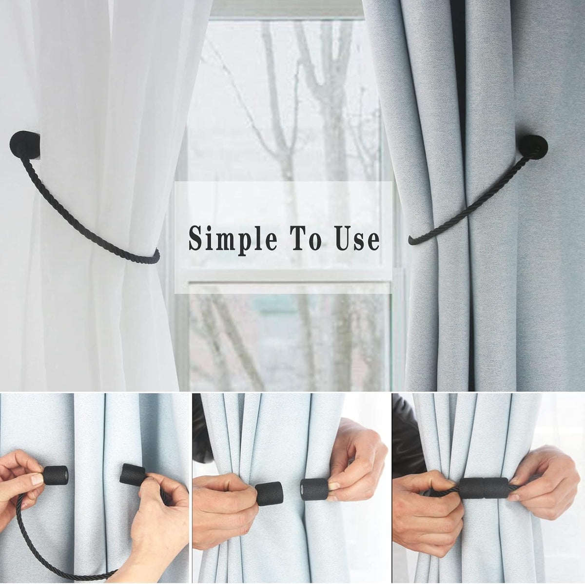 Magnetic Curtain Tiebacks 4 Pack Black Curtain Rope Tieback Curtain Holders for Drapes Modern Tie Backs Decorative Curtain Holdbacks