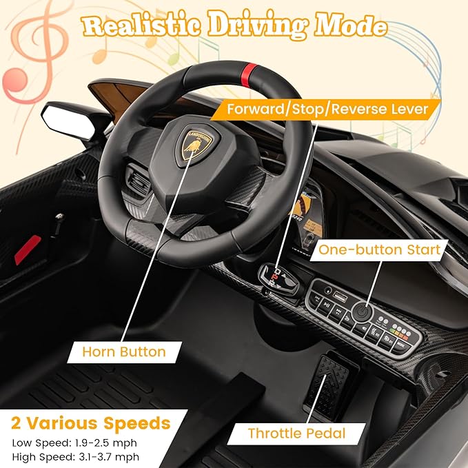 Costzon Ride on Car, Lamborghini Licensed 12V Battery Powered 4WD Sports Car with Remote Control, 3 Speeds, Hydraulic Doors, LED Lights, Towing Wheel, Horn, Music, Electric Vehicle for Kids Aged 3-8