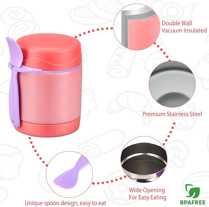 10oz Soup Thermo for Hot Food Kids,Lunch Thermo Kids Food Jar with Spoon Hot Insulated Food Containers,Leak Proof Stainless Steel Wide Mouth Lunch Food Thermo Jar for School(Pink)