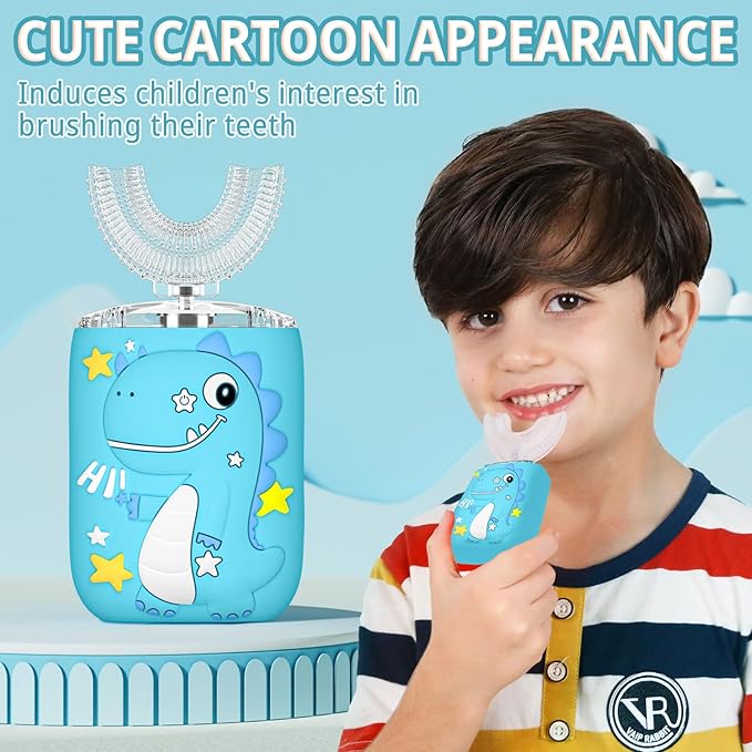 Kids Electric U Shaped Toothbrush,Kids Sonic Full Mouth Toothbrush with 4 Soft Brush Head Automatic Rechargeable 6 Cleaning Modes IPX7 Waterproof 360 Degree Cleaning - Age2-7 Blue