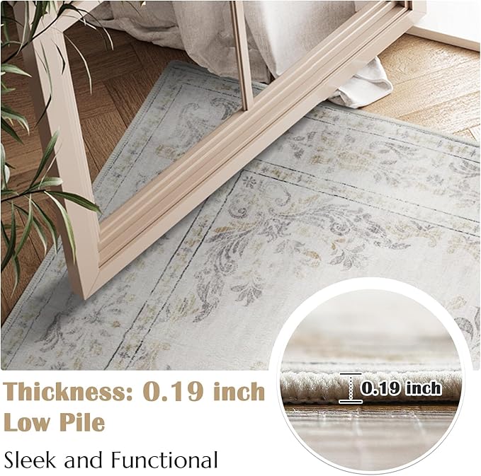 jinchan Vintage Floral 4x6 Area Rugs - Machine Washable Distressed Design Soft Ultra-Thin Low-Pile Non-Slip Carpet for Entryway Kitchen Bedroom Nursery Living Room Dining Room (4x6ft,Light Grey)