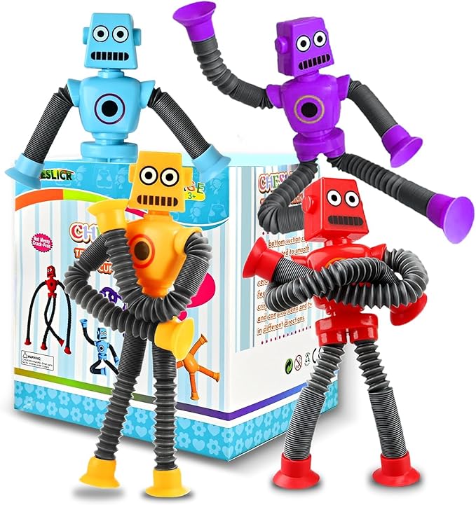 Robot Sensory Travel Toys 4Pcs for Toddlers Kid Boy Year Old Ages 3 4 5 6 7 8 9, Airplane Activities Suction Autism Pop Tube Fidget Toys Autistic Stocking Easter Basket Stuffer Valentine Gift for Kids