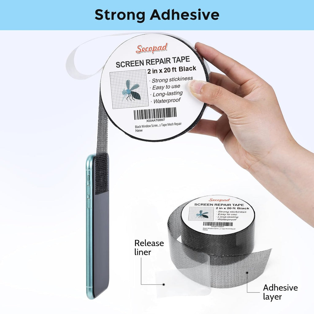 Black Window Screen Repair Tape, 2IN X 20FT Screen Repair Kit for Windows or Doors, Strong Adhesive Fiberglass Mesh Patch Tape
