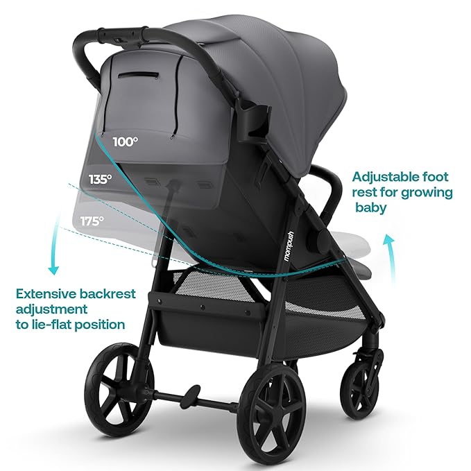 Mompush Nova Baby Stroller for Toddler, Infant & Newborn | Spacious Seat & Lie-Flat Mode | Compact One-Hand Fold, UPF 50+ Canopy & All-Wheel Suspension | Includes Rain Cover & Cup Holder, Grey