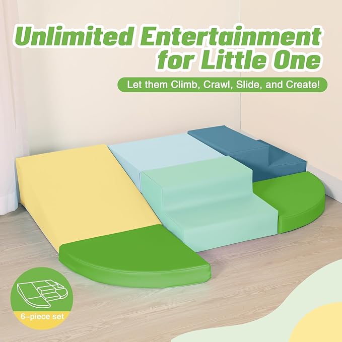6-Piece Soft PU Leather Toddlers Climbing Toys, Baby Foam Climbing Blocks for Toddlers 3, Foam Play Gym Climbing Structures, Indoor Climb and Crawl Activity Play Set (Light Blue and Green)