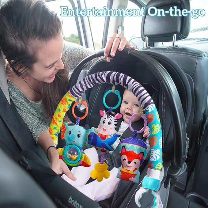 Baby Stroller Arch Mobile With Universal Clamps - Clip-On Activity Bar for Bassinet, Bouncer, Crib, Car Seat - Musical Infant Toys With Elephant Squeaker and Zebra Rattle