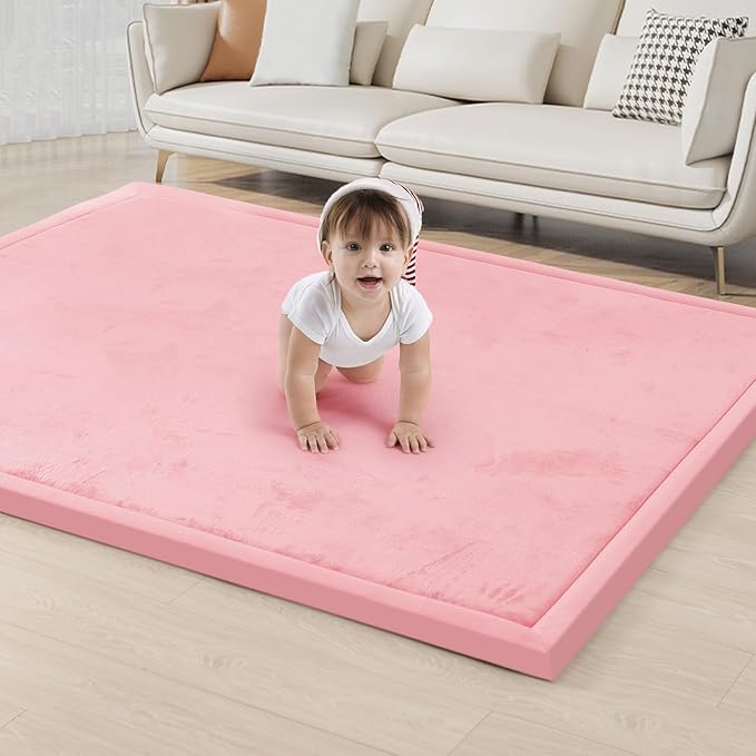 ACOMOPACK Baby Play Mat for Floor 1.3" Thick Memory Foam Play Mat 79"×118" Tummy Time Crawling with Non-Slip Bottom for Living Room,Nursery,Soft Velvet Playpen Mats for Kids,Infants（Pink）
