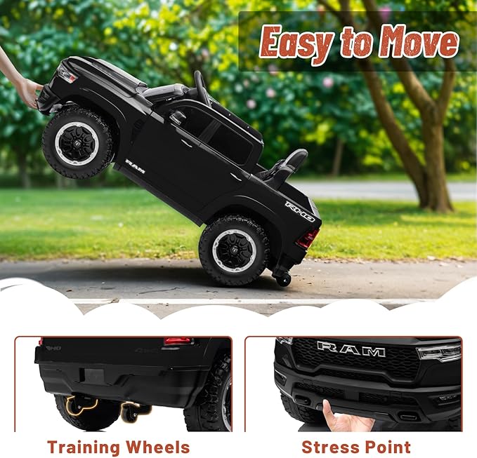 Licensed Ram 1500 Ride on Toys for Kids 4-8, Ride-on Electric Car for Kids with Remote Control, Battery Powered with Car Key/Gear Selector, LED Light/Music/MP3, Back Storage (Black)