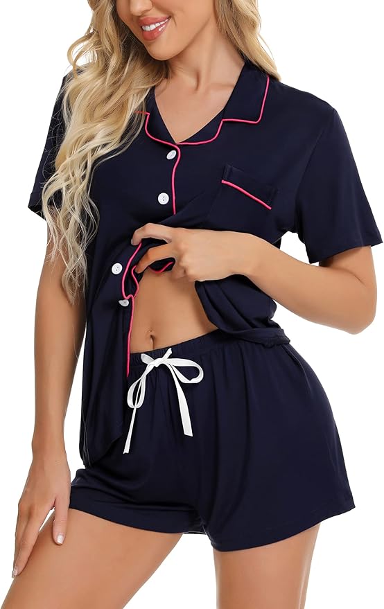 SWOMOG Womens Button Down Pajamas Set Short Sleeve Sleepwear Bride Soft Pj Lounge Sets XS-3XL