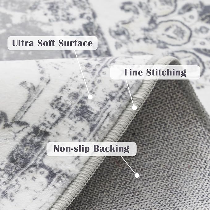 jinchan Round Rug 6ft Area Rug - Grey Vintage Floor Mat Kitchen Indoor Ultra-Thin Soft Floral Print - Washable Circle 6' Retro Accent for Farmhouse Non Slip Dining Room Living Room Bedroom Office