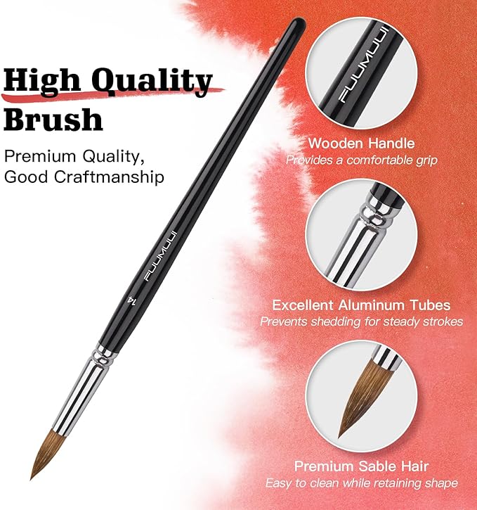 Watercolor Brush Set, Fuumuui 7pcs Professional Sable Paint Brushes with Extended Needle, Round Point, Flat, Dagger, Cat's Tongue for Watercolor, Acrylic, Gouache – Detail & Wash Painting
