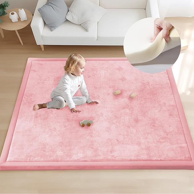 ACOMOPACK Baby Play Mat for Floor 1.3" Thick Memory Foam 50x50 Soft Velvet Playpen Mat for Kids,Infants,Toddlers,Tummy Time Crawling Mats with Non-Slip Bottom,Yoga,Tatami,Nursery Rug（Pink）