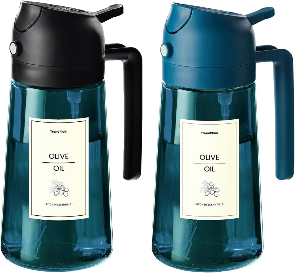 TrendPlain 16oz/470ml Blue Glass Olive Oil Sprayer for Cooking - 2 in 1 Olive Oil Dispenser for Kitchen Gadgets, Air Fryer, Salad, and BBQ (1 Pack, Black & Navy)