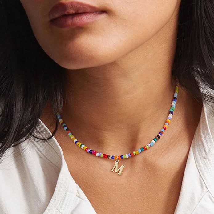 Yoosteel Colorful Beaded Initial Necklaces for Girls Gifts - Cute Initial Necklaces for Girls Kids Jewelry A-Z Letter Choker Necklace for Women Birthday Gifts for Teens Daughter Niece Granddaughter