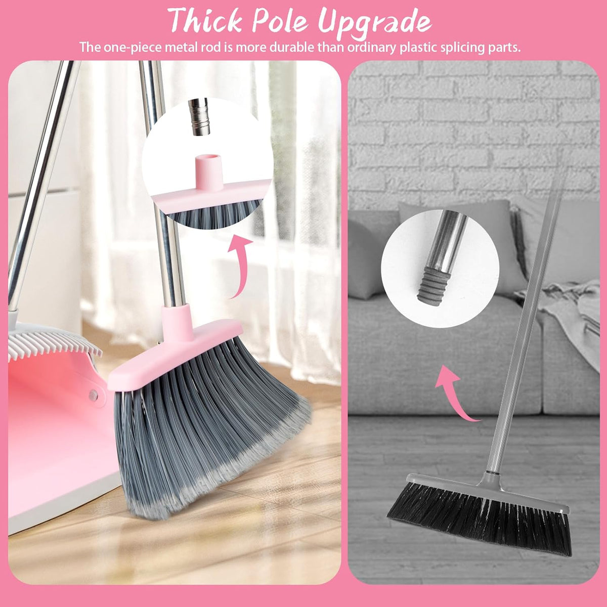 Broom and Dustpan Combo Set, Long Handle and Standing Dust Pan with Comb Teeth, Efficient Floor Cleaning for Kitchen, Outdoor, Dorm, Apartment, Office Lobby (Pink Gray)
