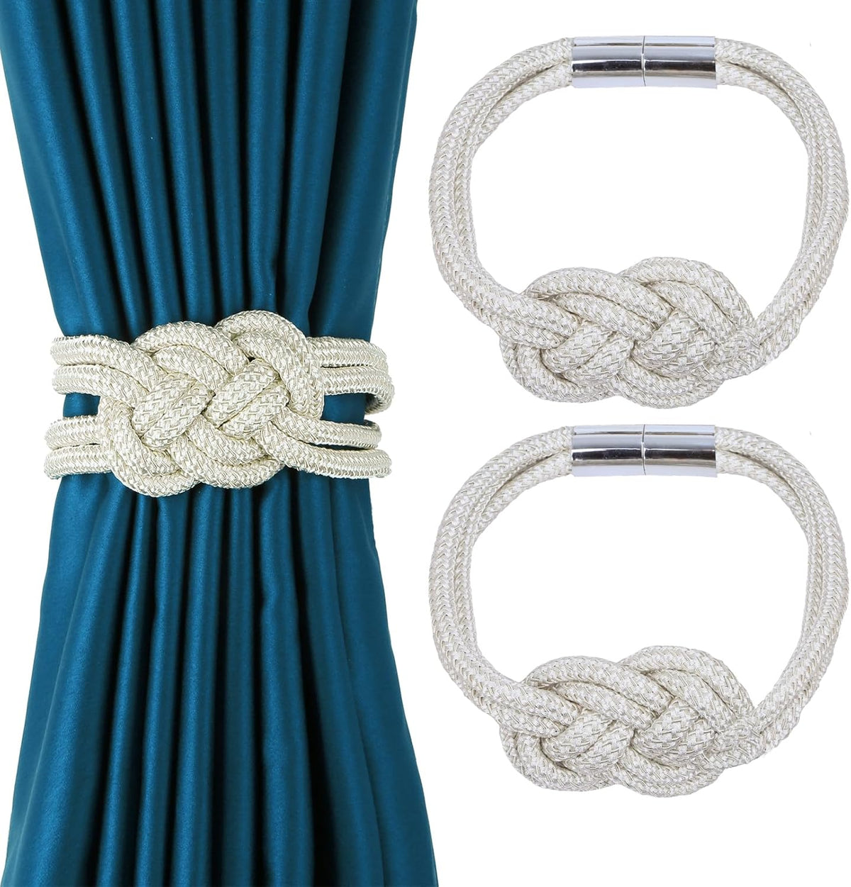 2 Pack Magnetic Curtain Tiebacks, Hand Weave Rope Knot Decorative Curtain Holdbacks for Home & Office Thin Window Drapery (Beige,2P)