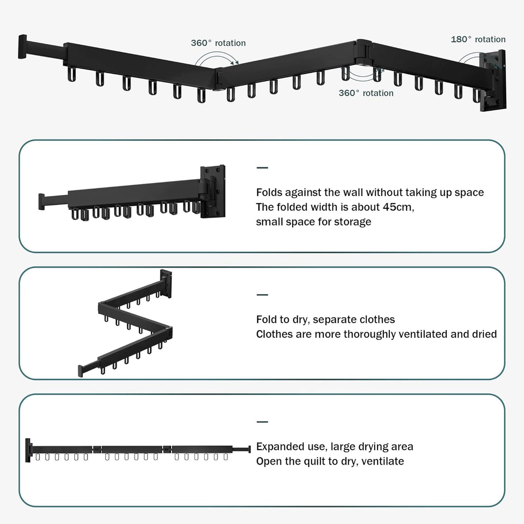 Clothes Drying Rack,Laundry Drying Rack,Clothes Rack Wall Mount,Wall Mounted Clothes Hanger Rack,Laundry Rack Folding,Retractable Clothing Rack,Collapsible Clothes Hanging Rack(Loop,Black)