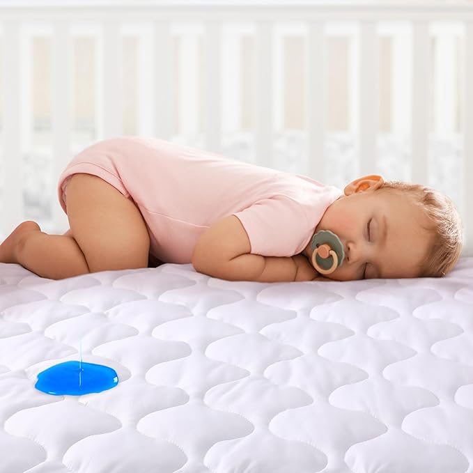 Yoofoss Waterproof Mini Crib Mattress Protector, Quilted Baby Mattress Pad Cover Soft and Breathable, Machine Washable Portable Mattress Protector for Standard Baby Mini Crib Size 38"X24" - White
