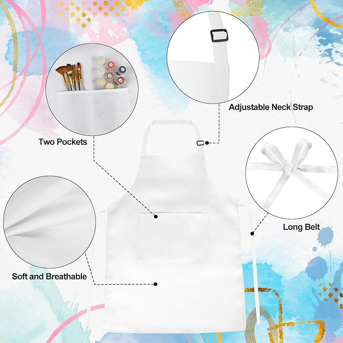 PLULON 10 Pcs Kids Apron Bulk Adjustable White Chef Apron with 2 Pockets Painting Aprons for Kids Cooking Baking Crafts (White)
