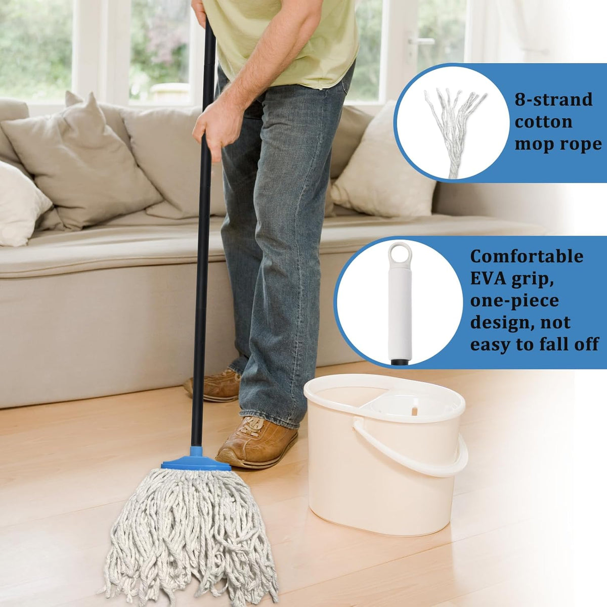 Indoor Cotton Mops for Floor Cleaning - Indoor Cleaning Mop for Wood Floors, Tile, Hardwood Floor, 52" Adjustable Iron Handle Regular Mops to Clean Living Room, Kitchen, and Bathroom. (Blue White