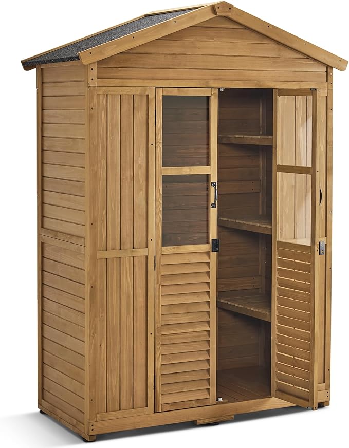 Macrout Outdoor Storage Cabinet, 78 Inches Outside Storage Shed with 6 Shelves, Wooden Garden Shed with Lockable Door for Yard Patio Lawn, 1743