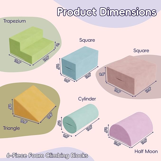 6 Piece Foam Climbing Blocks for Toddlers, Baby Climbing Gym with Ultra High Density Foam for Crawling and Sliding, Indoor Soft Play Set for Infant, Babies & Kids (Multicolor A, 6-Piece)