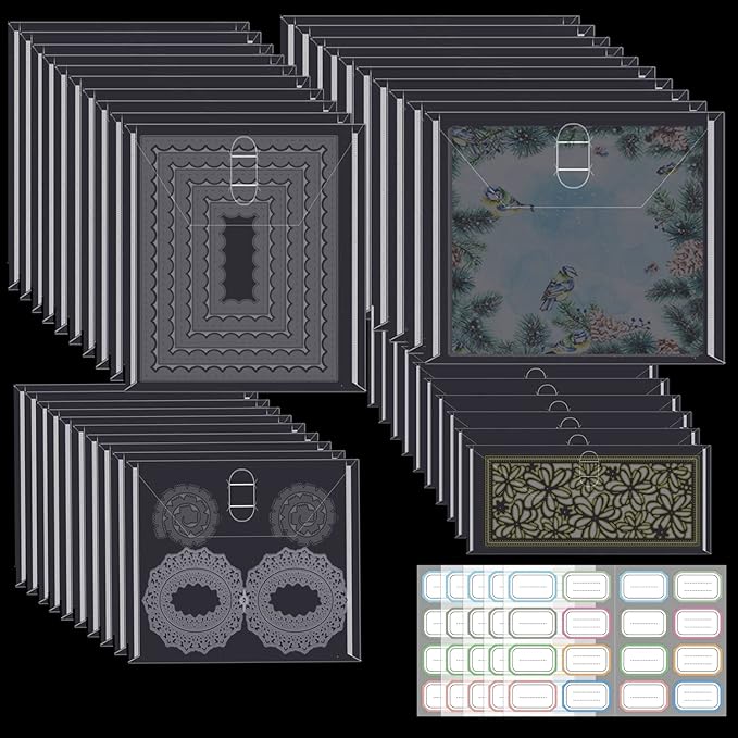 40-Piece Stamp & Die Storage Pockets - 48 Label Stickers, 4 Sizes - Scrapbooking Storage for Card Making, DIY Crafts