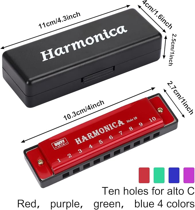 UPINS 4PCS Key of C 10 Hole 10 Tones Titanium Color Harmonica with Case for Beginner Students（Red, Blue, Green, Purple）