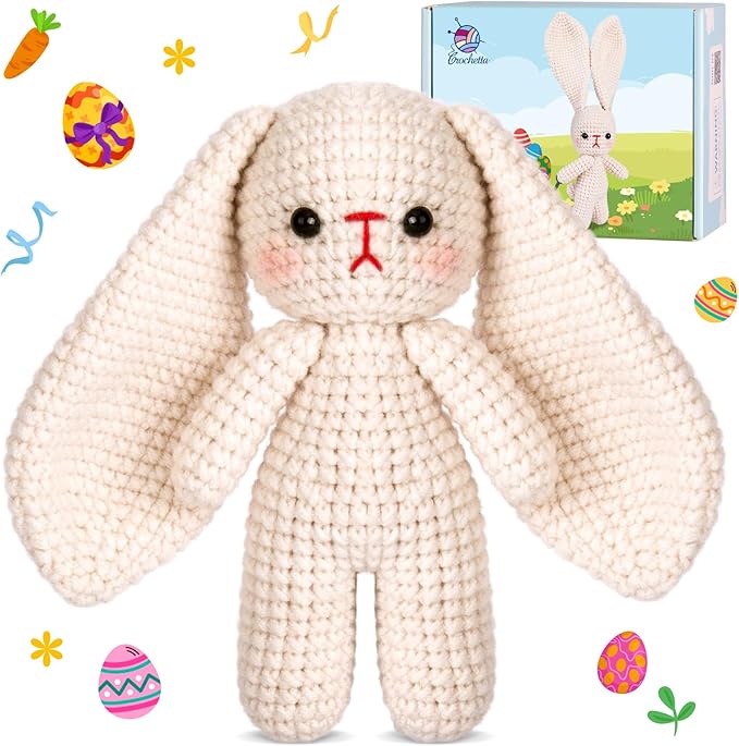 Crochetta Crochet Kit for Beginners, Crochet Starter Kit w Step-by-Step Video Tutorials, Beginner Crochet Kit Knitting Supplies for Adults Kids, Crochet Bunny(40%+ Yarn)