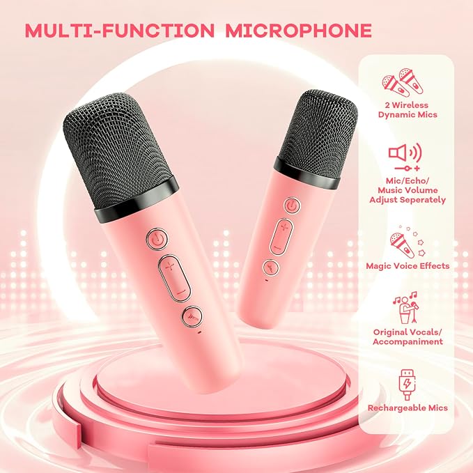 YLL Mini Karaoke Machine for Kids Adults, Portable Bluetooth Speaker with 2 Wireless Microphones, TOP Birthday Gifts Toys for Girls Ages 3, 4, 5, 6, 7, 8, 9,10,11,12+ Years Old Toddler (Lightpink)