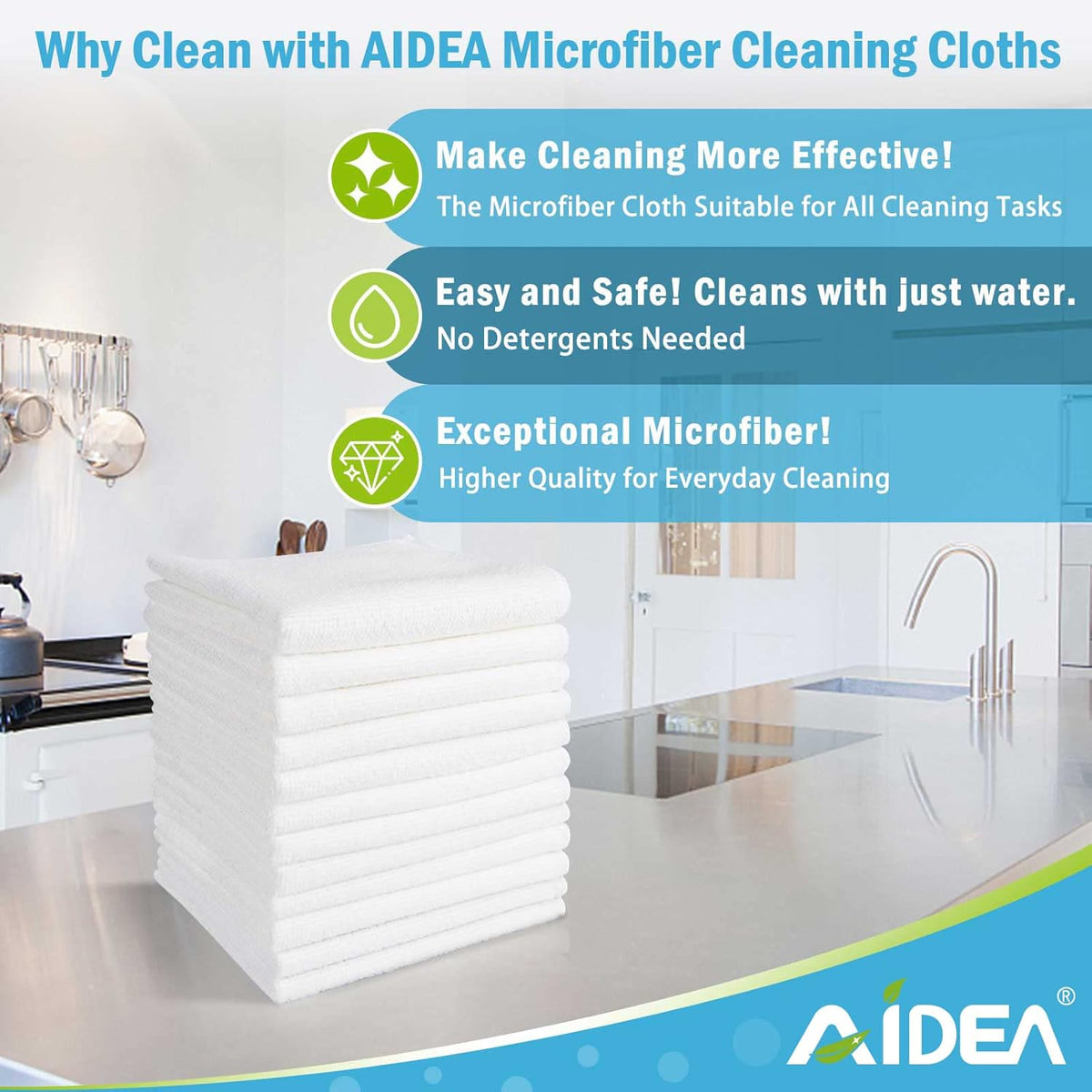 AIDEA Microfiber Cleaning Cloth White, 8PK, Absorbent Lint Free Rags, Scratch Free, Streak Free Microfiber Towels, Dish Towels White, 11.5in.x11.5in.
