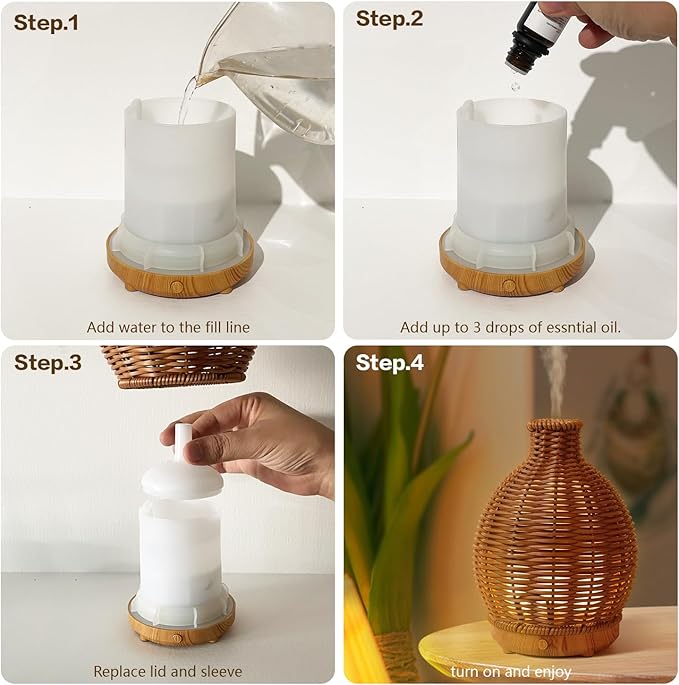 Aromatherapy Essential Oil Diffuser Rattan Woven Aroma Diffuser with Warm Light 80ML Cool Mist Humidifier Waterless Auto Shut-off for Home,Baby Bedroom,Office