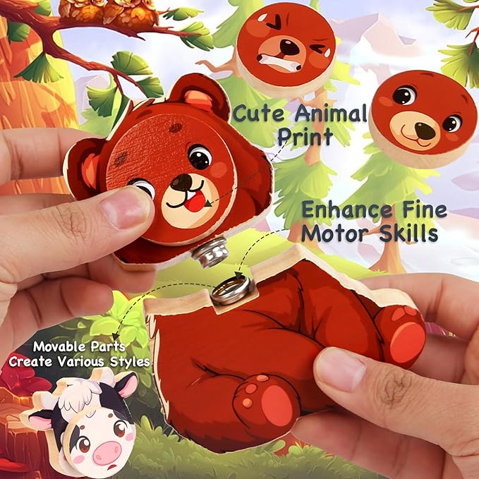 HUZU Animal Snap Wooden Building Blocks – Fun & Educational Puzzle Toy for Kids Aged 3-8, Features Cow, Bear, Lion and Turtle, Matching Game with Interchangeable Animal Faces & Emotions