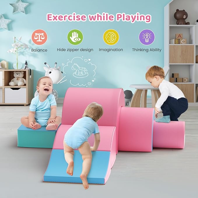 Lischwert Foam Climbing Blocks, Soft Climbing Toys for Toddlers, 5 Pieces Crawl and Climb Foam Playset with Foldable Block and Tunnel, Indoor Climber Activity Play Set for Kids Age 1+(Pink Blue)