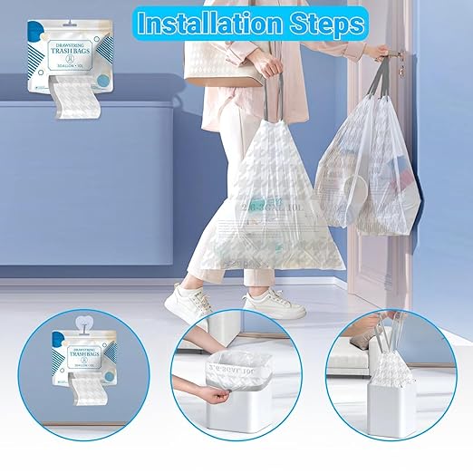 OKKEAI 3 Gallon Small Bathroom Trash Bags White Drawstring Garbage Bags – 90 Count Tear-Free, Heavy Duty Printed Liners, Leak-Proof White Trash Bag for Kitchen, Office, Multipurpose Use