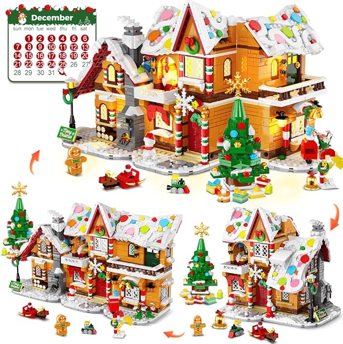 HOGOKIDS 2025 Advent Calendar Gingerbread House Mini Building Set with Light, 24 Days Countdown 3 Style Christmas Village Blocks Toy with Xmas Tree, for Adults Kids Boy Girls Ages 10+