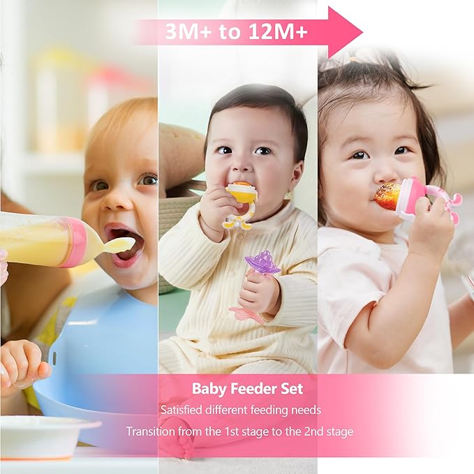 WAJIAYON Baby Fruit Feeder Pacifier | 2 Infant Food Feeder Pacifier & 1 Baby Food Dispensing Spoon | Mesh Fresh Fruit Teethers for Babies Teething Feeders | Shower Gifts for Boys and Girls (Pink)