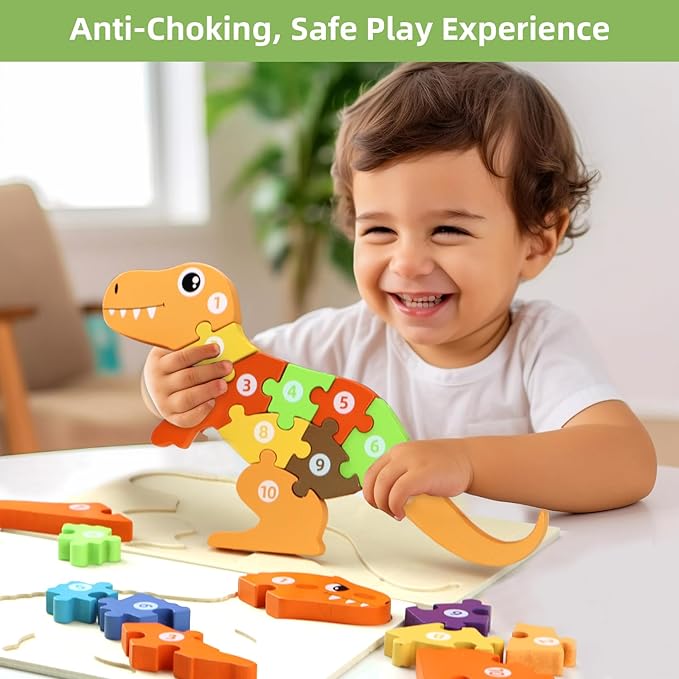 Wooden Dinosaur Puzzles Set for Kids/Toddlers Ages 1-8, T-Rex & Allosaurus with Colorful Box, Educational Dino Toys Little Boys/Girls 2 3 4 5 6 Year Old, Numbers/Chunky, Large 11"x7" Size