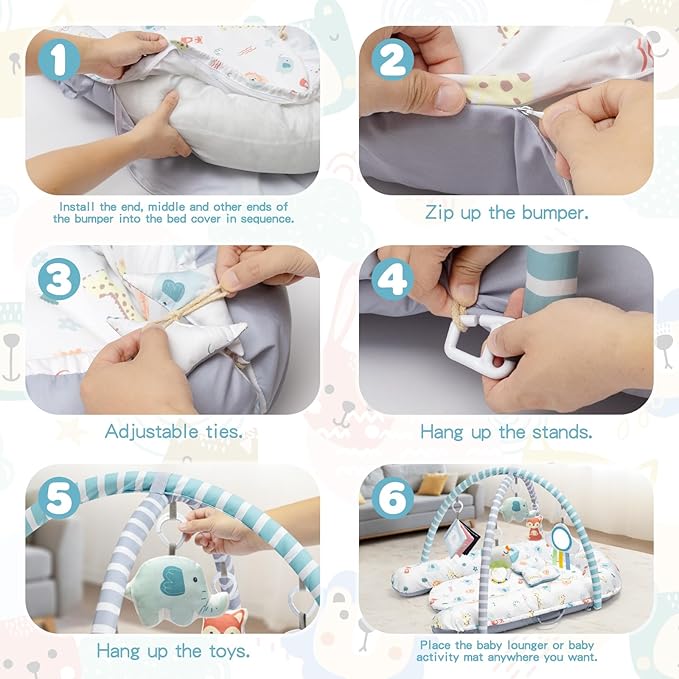 Baby Play Mat, 7-in-1 Tummy Time Activity Gym Mat, Washable Baby Lounger Nest, Portable Floor Seat for Home & Travel, Baby Essentials Gift for Infant Newborn 0-6-12-18 Months