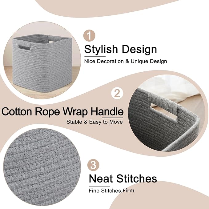 OIAHOMY Storage Cubes 11 Inch Bins-3-Pack, Cotton Rope Woven Baskets for Organizing, Square Storage Baskets for Shelves, Classroom, Kids Toy Bins, Closet, Baby Nursery-Grey